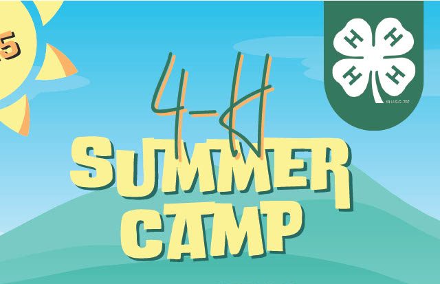 4-H SUMMER CAMP graphic, yellow sun, blue sky, green mountains